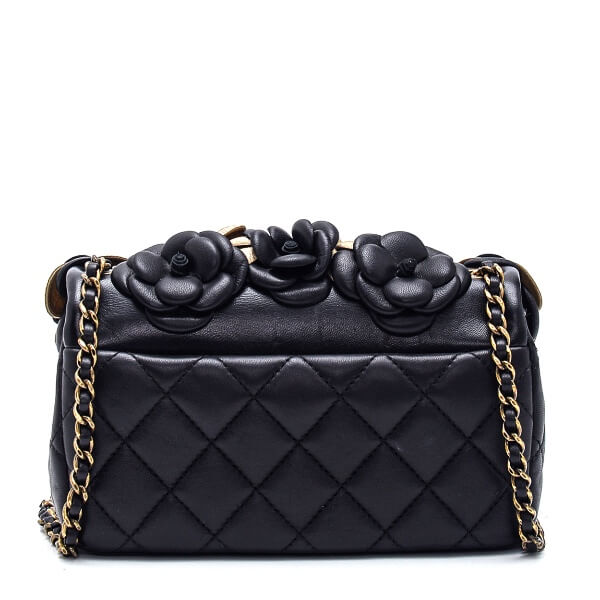 Chanel - Black / Gold Camellia Mini Classic Single Flap Bag